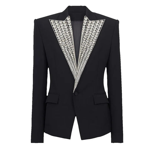 Long Sleeve Crystal Lapel Blazer Black