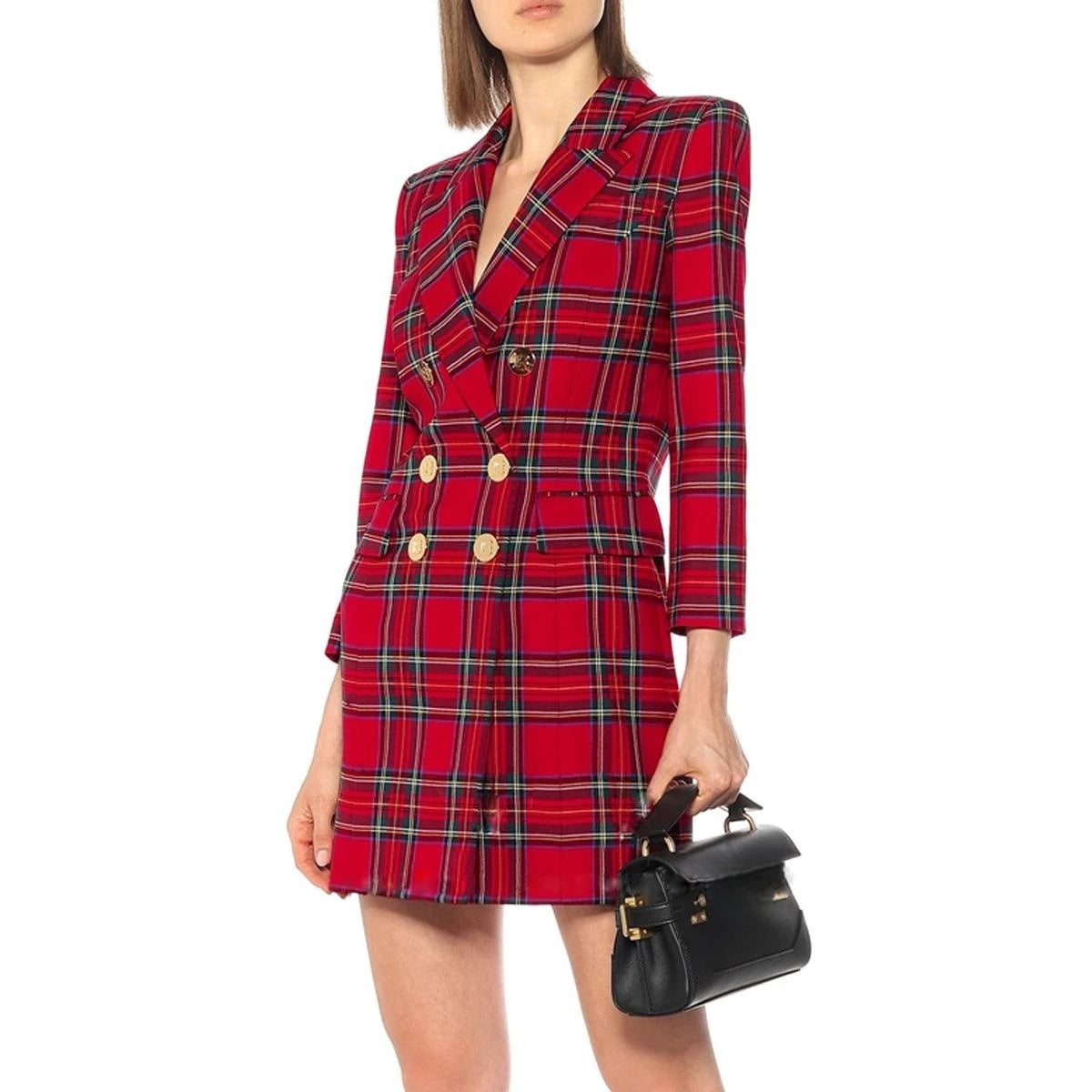 Long Sleeve Checked Blazer Dress Red