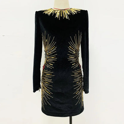 Long Sleeve Embellished Velvet Dress Black