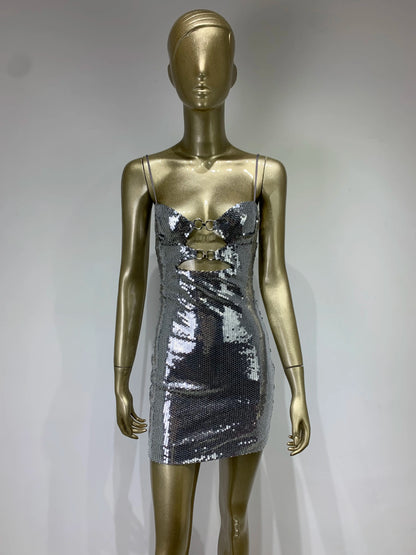 Cut Out Detail Sequin Dress Silver HV9731