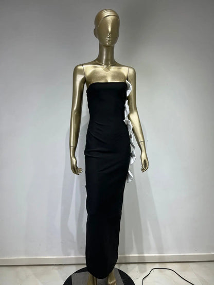 Strapless Bow Detail Maxi Velvet Dress Black White HV1944