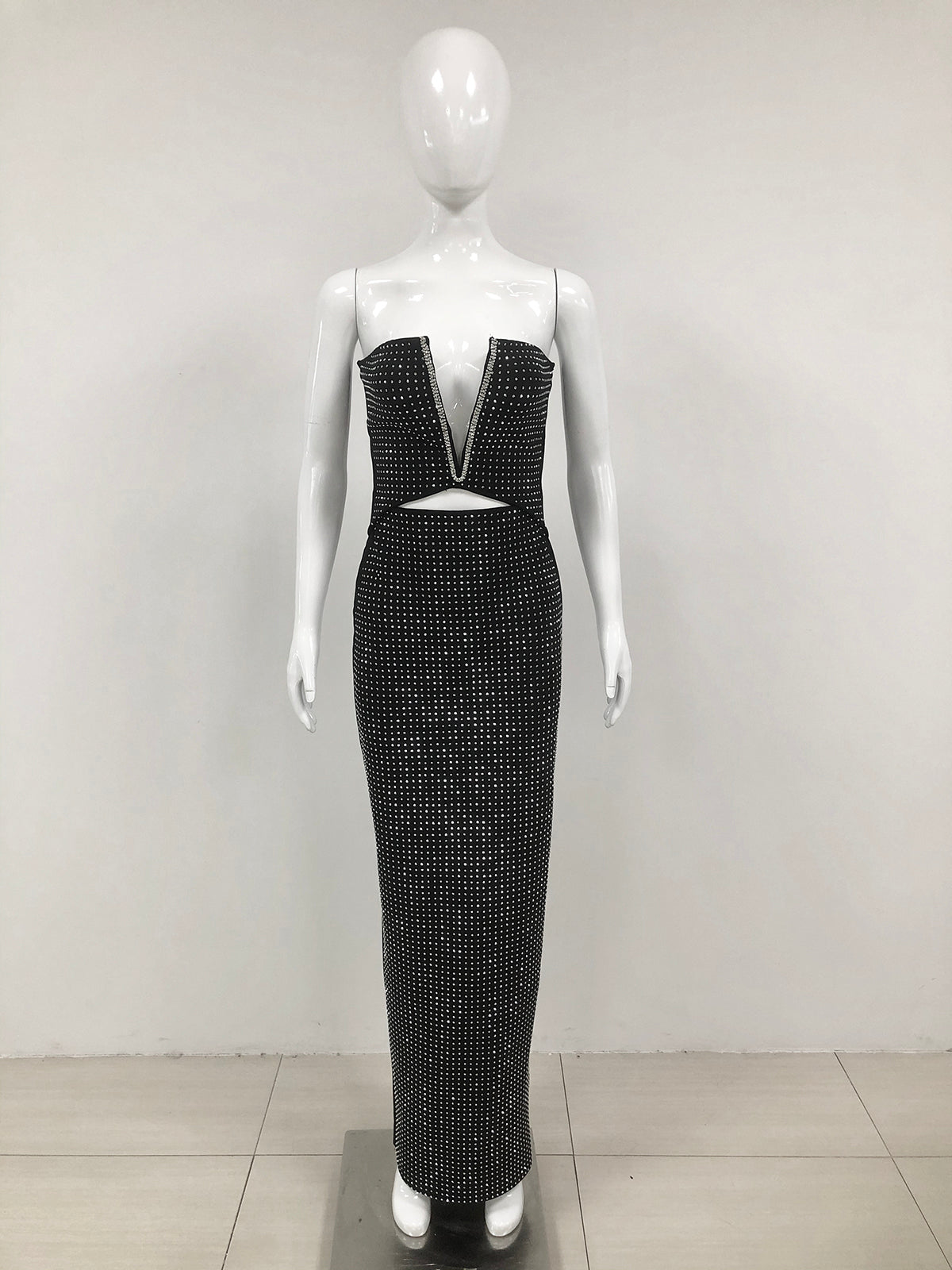 Strapless Crystal Cut Out Maxi Dress Black