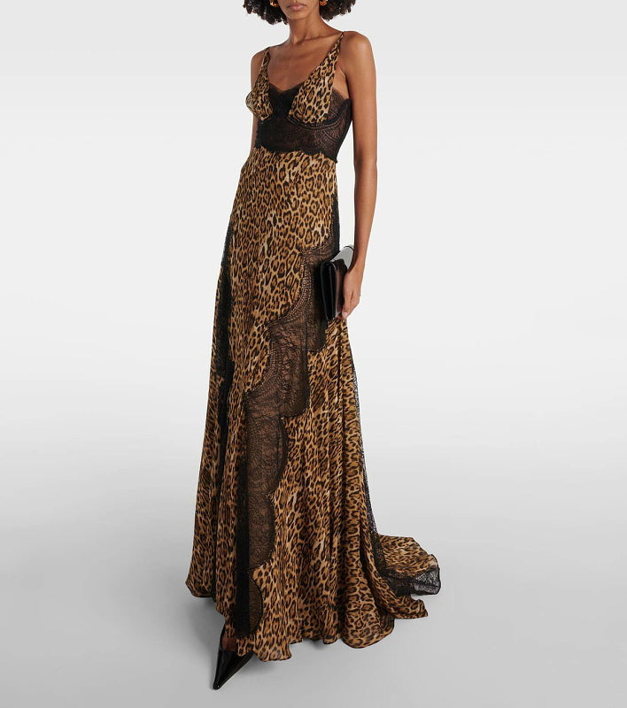 Animal Print Lace Insert Maxi Dress HV3144