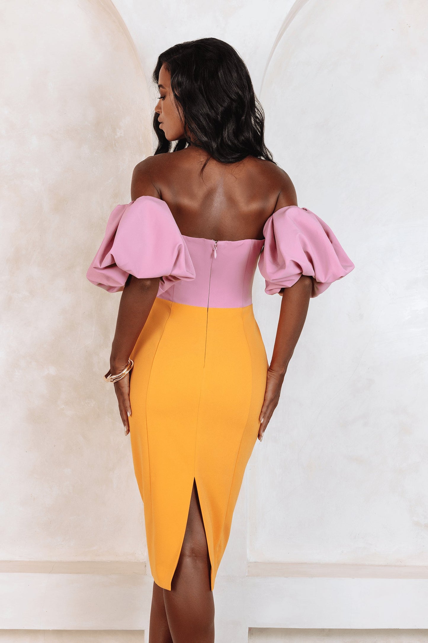 Puff Sleeve Bardot Midi Dress Pink Orange HV0002