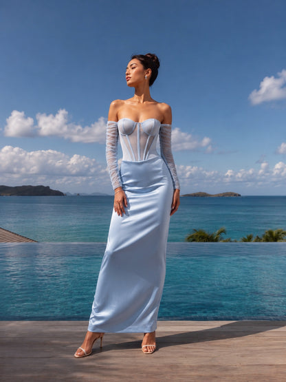 Long Sleeve Draped Mesh Bustier Maxi Dress Blue HV3179