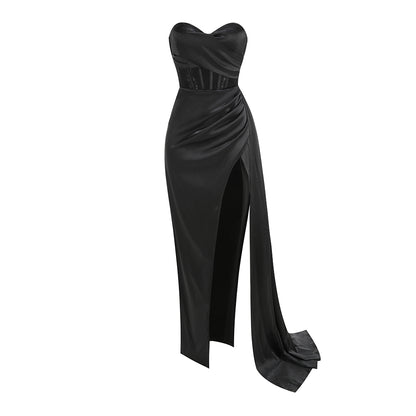 Strapless Draped Corset Maxi Dress Black HV1386