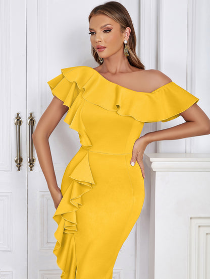 Off Shoulder Ruffle Midi Dress  HV9649