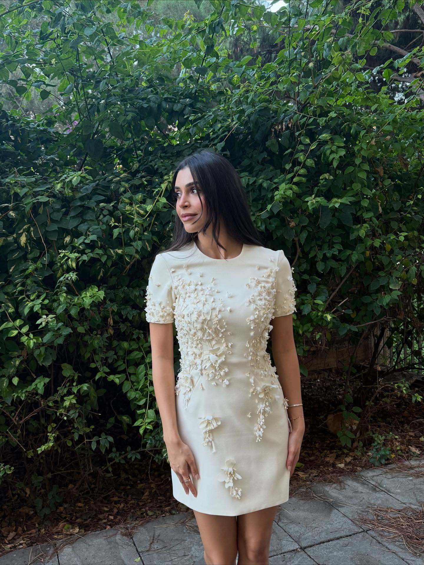 Short Sleeve Floral Dress Ivory HV2893