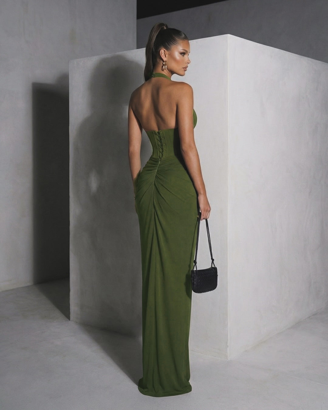 Halter Draped Corset Maxi Dress Green HV0125