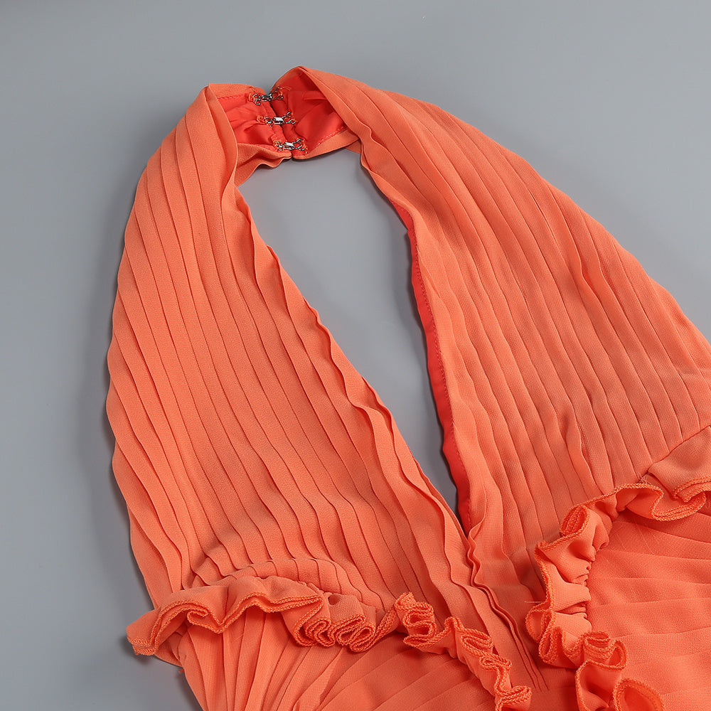 ชุดเดรสยาวผูกคอจับจีบเข้ารูป ส้ม HV2450
