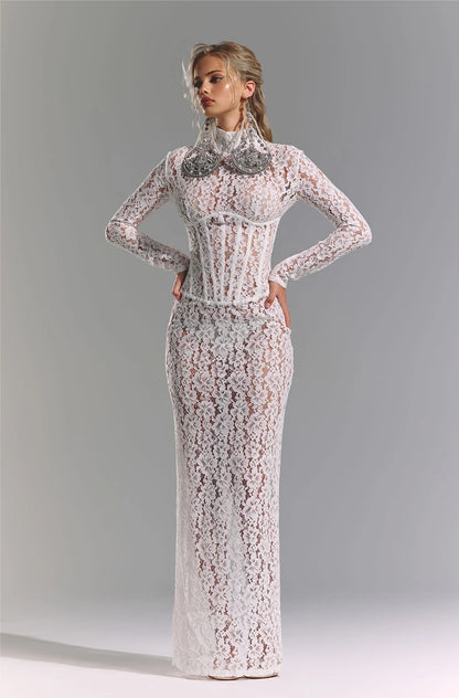 Long Sleeve Structured Lace Maxi Dress White HV2657
