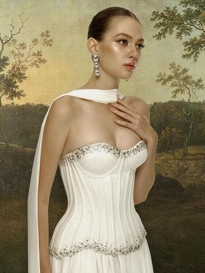 Strapless Embellished Bustier A Line Maxi Dress White HV3181