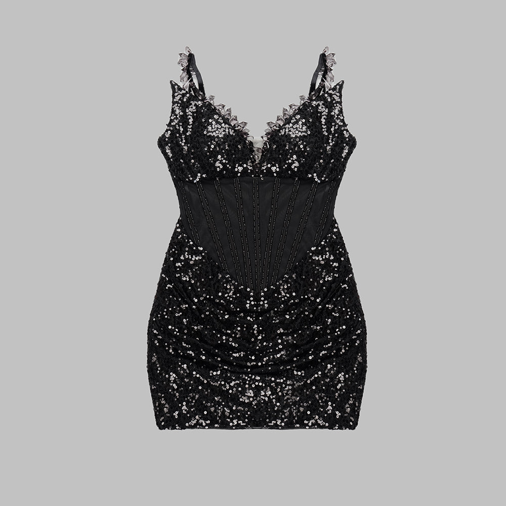 Crystal Sequin Bustier Draped Dress Black HV9568