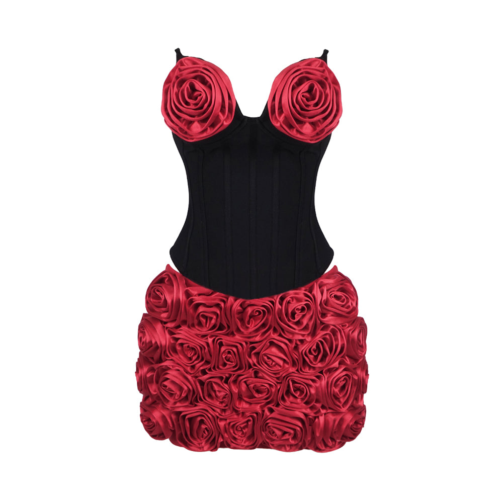 Strapless Floral Two Piece Corset Dress Black Red HV1953
