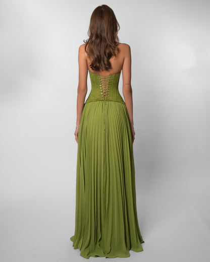 Halter Pleated Corset Maxi Dress Green HV0095