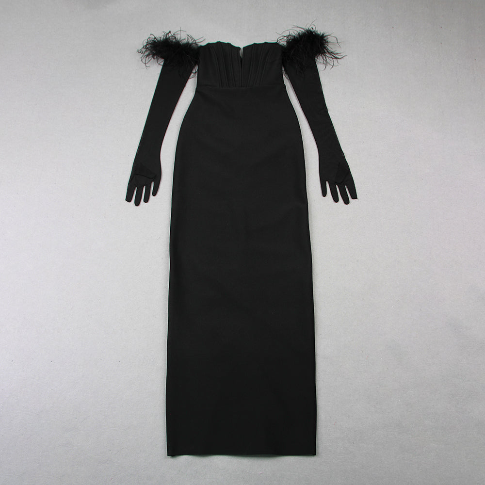 Long Sleeve Feather Corset Maxi Dress Black HV9958