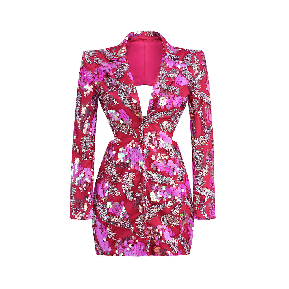 Long Sleeve Sequin Backless Blazer Dress Hot Pink HV1277