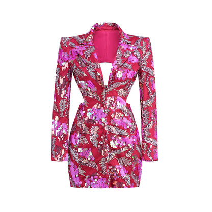 Long Sleeve Sequin Backless Blazer Dress Hot Pink HV1277