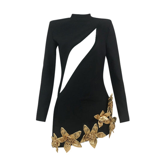 Long Sleeve Gold Flowers Cut Out Dress Black HV1425