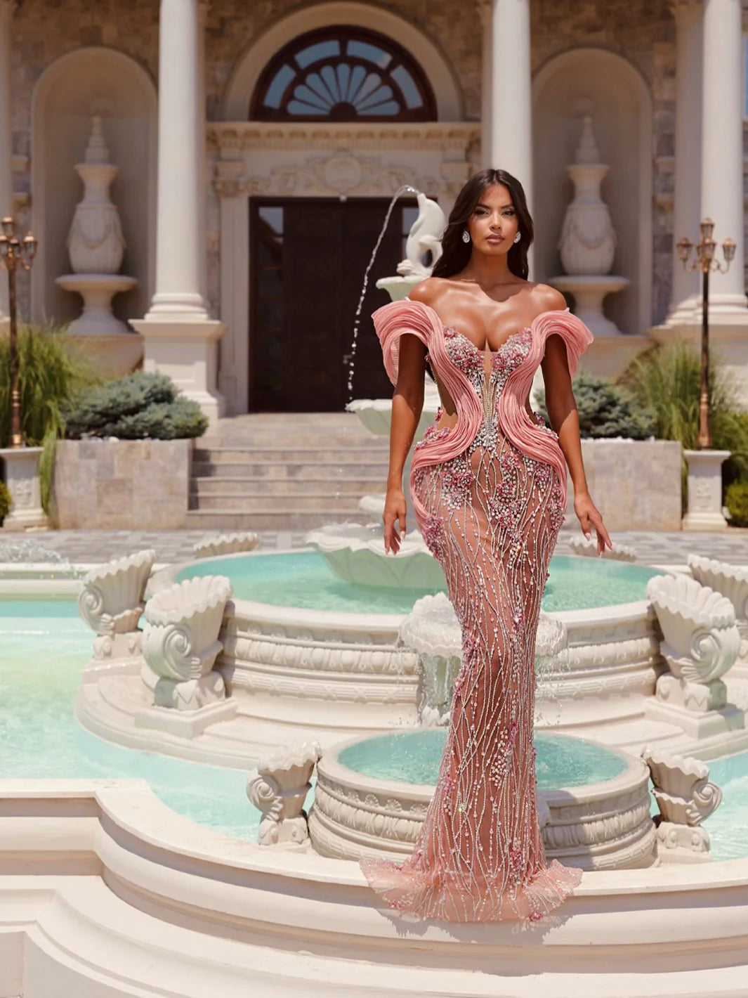 Bardot Floral Sequin Maxi Dress Nude Pink HV2062