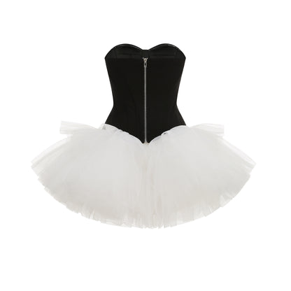Strapless A Line Mesh Dress Black White HV2766