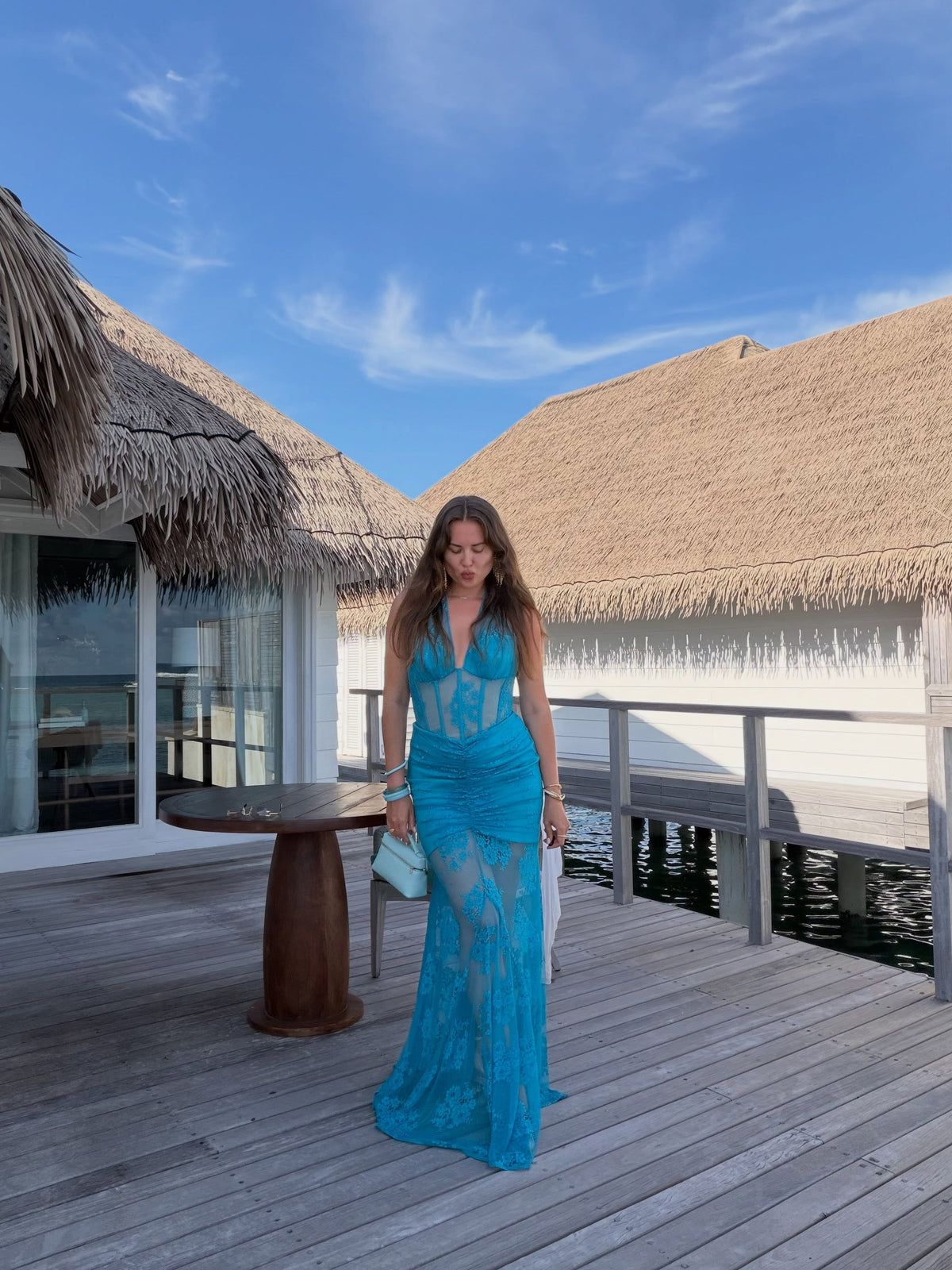 Halter Structured Lace Maxi Dress Turquoise HV2494