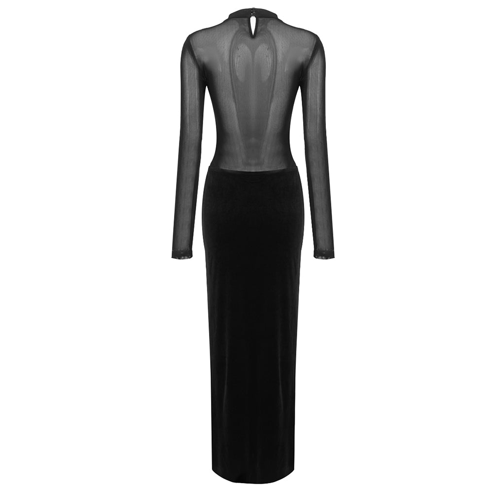 Long Sleeve Bustier Mesh Maxi Dress Black HV1537