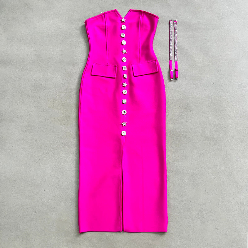 Crystal Button Midi Dress Hot Pink HV1475