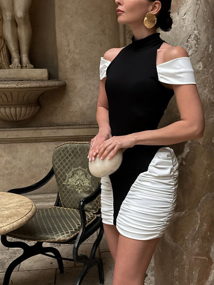 Cold Shoulder Ruched Dress Black White HV2660