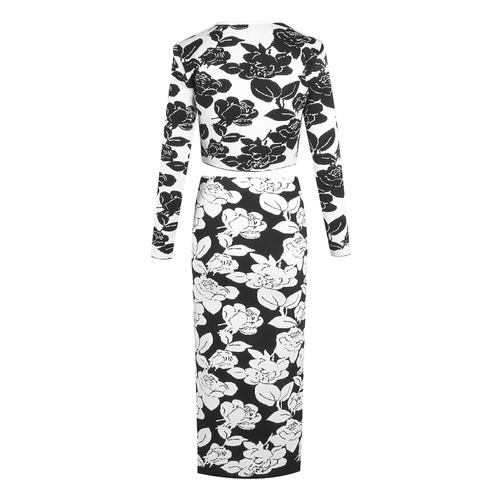 Long Sleeve Floral Two Piece Midi Dress Black White  HV2154