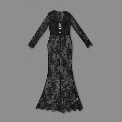 Long Sleeve Scalloped Lace Maxi Dress Black HV1199