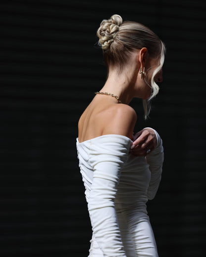 Long Sleeve Bardot Draped Midi Dress White HV3068
