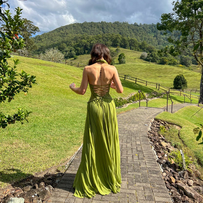 Halter Pleated Corset Maxi Dress Green HV0095