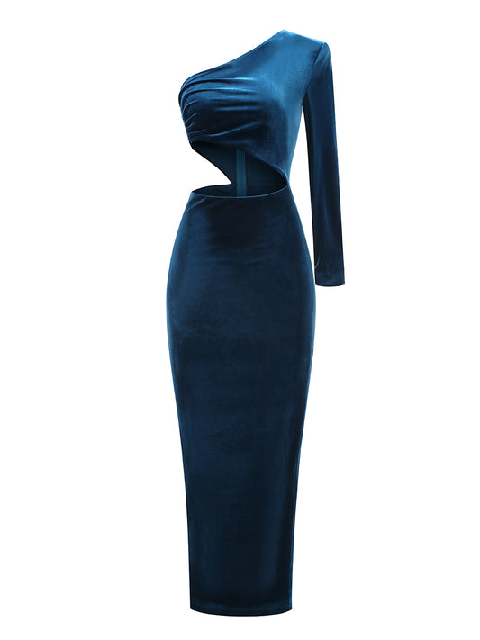 One Sleeve Maxi Velvet Dress Blue