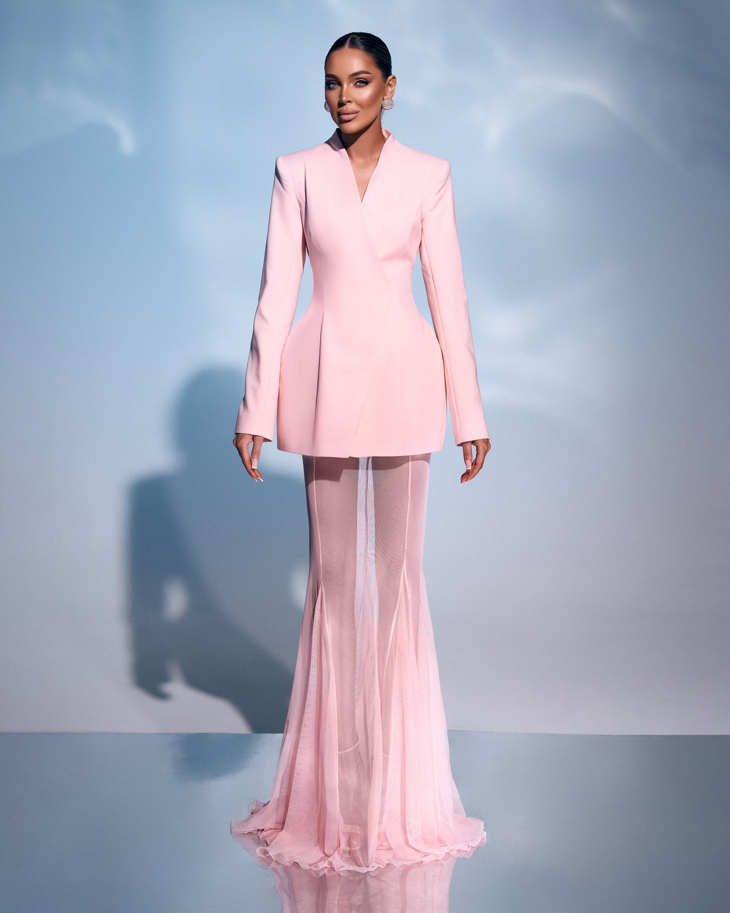 Long Sleeve Mesh Maxi Two Piece Dress Pink HV2572