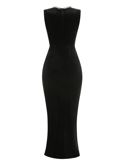Crystal Chain Maxi Velvet Dress Black