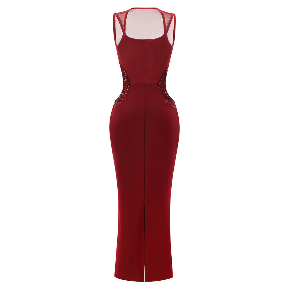 Mesh Sequin Cut Out Maxi Dress Red HV2834