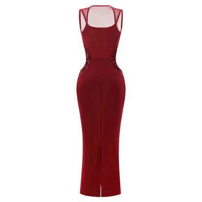 Mesh Sequin Cut Out Maxi Dress Red HV2834