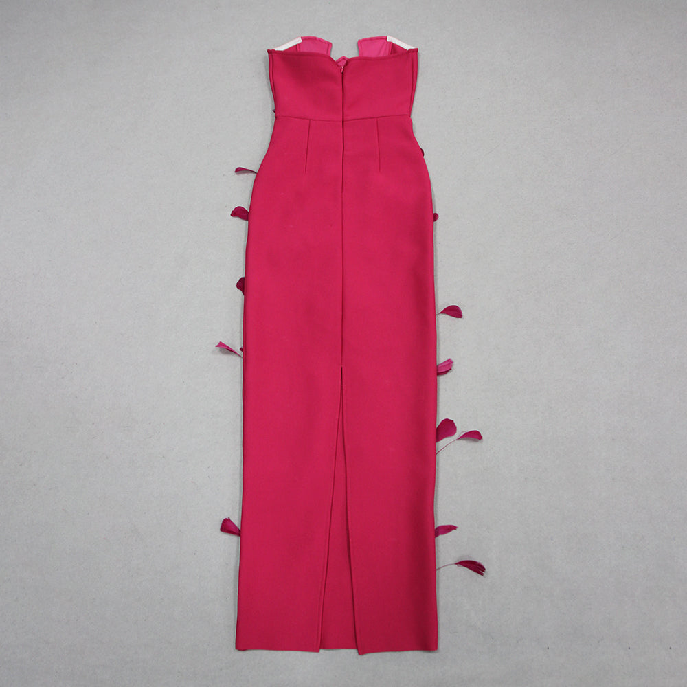 Strapless Feather Crystal Maxi Dress Hot Pink HV1393