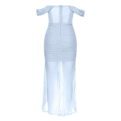 Off Shoulder Bustier Draped Mesh Maxi Dress  HV9837