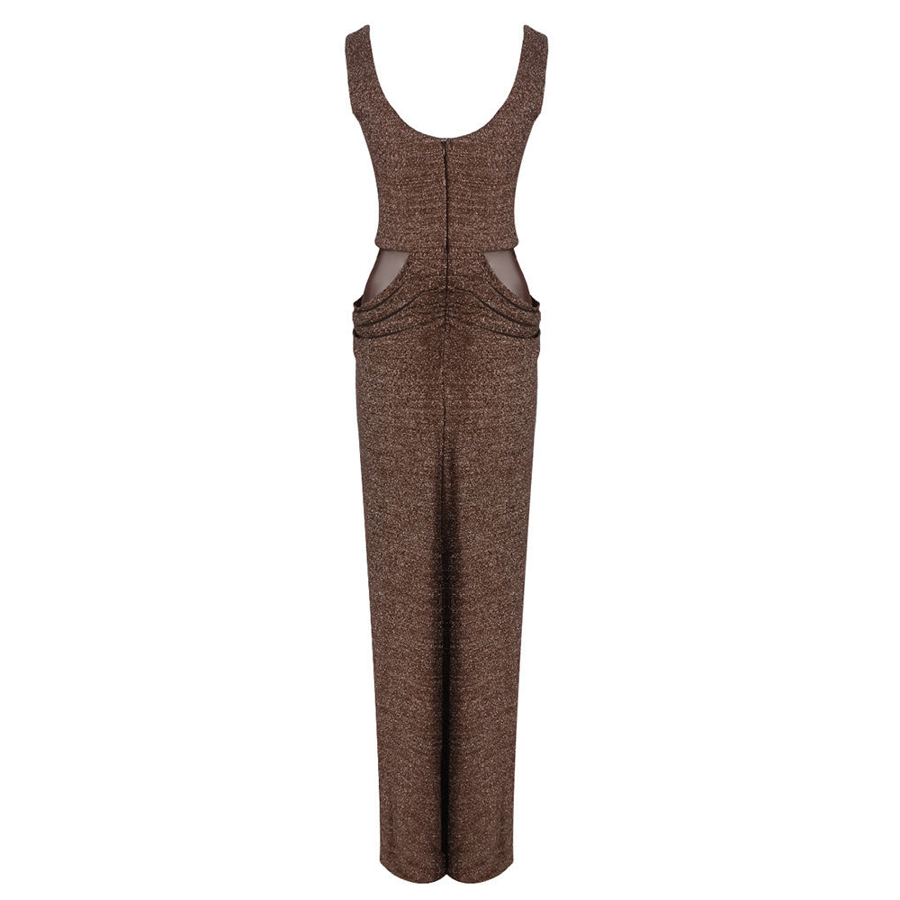 Mesh Insert Sparkly Maxi Dress Brown HV0061