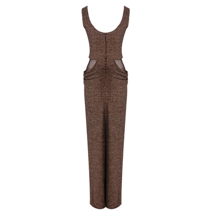Mesh Insert Sparkly Maxi Dress Brown HV0061