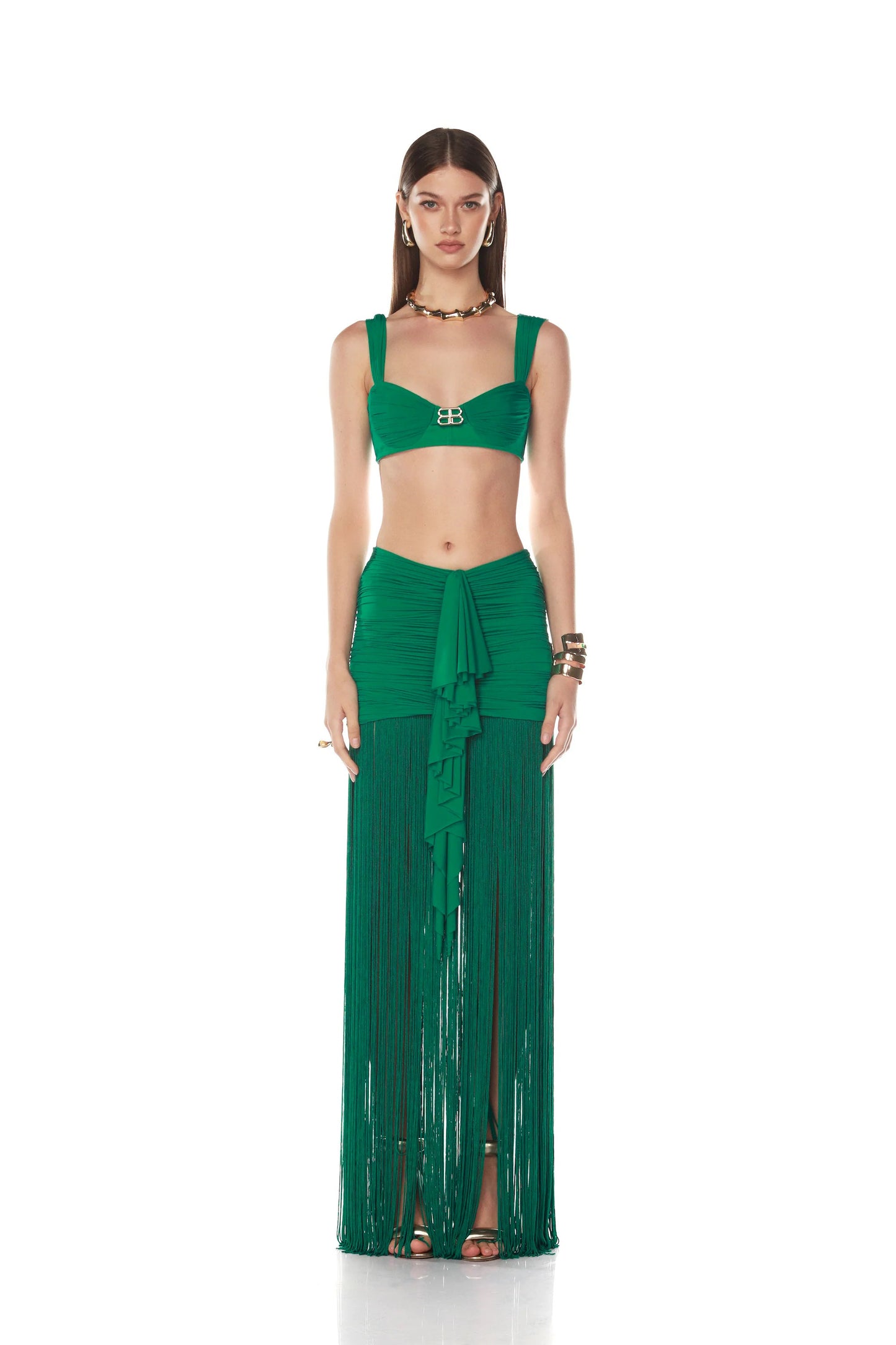 Draped Ruffle Tassel Two Piece Maxi Dress Green HV0001