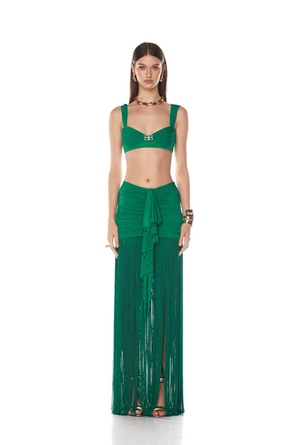 Draped Ruffle Tassel Two Piece Maxi Dress Green HV0001