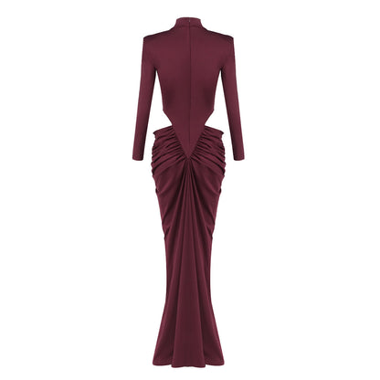 Long Sleeve Draped Cut Out Detail Maxi Dress Burgundy HV2675