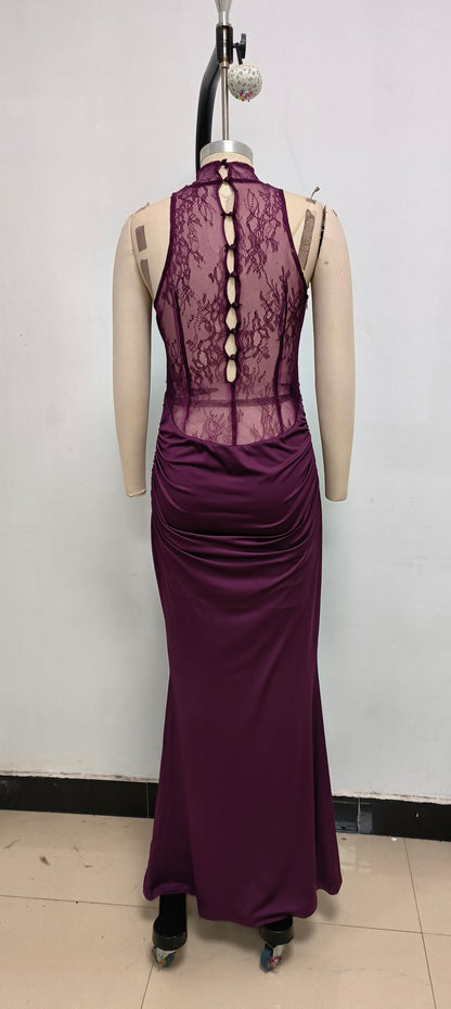 Halter Lace Insert Maxi Dress Plum HV1930