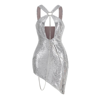 Halter Sequin Asymmetric Dress Silver HV9787