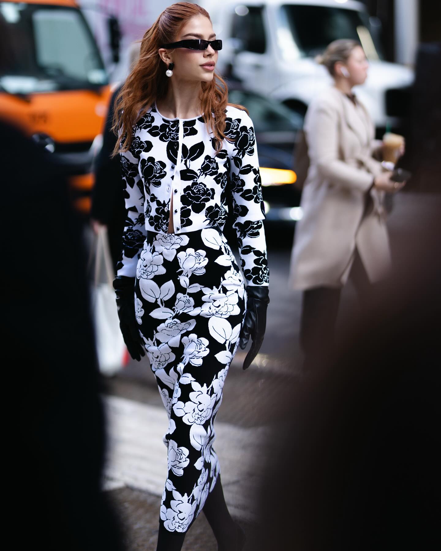 Long Sleeve Floral Two Piece Midi Dress Black White  HV2154