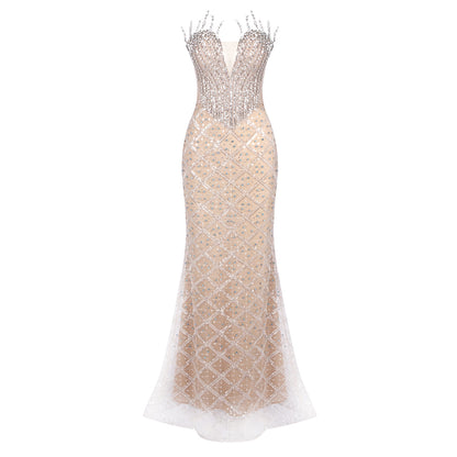 Strapless Crystal Sequin Bustier Maxi Dress Nude HV2145