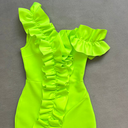 One Shoulder Ruffle Maxi Dress Neon Green HV1511